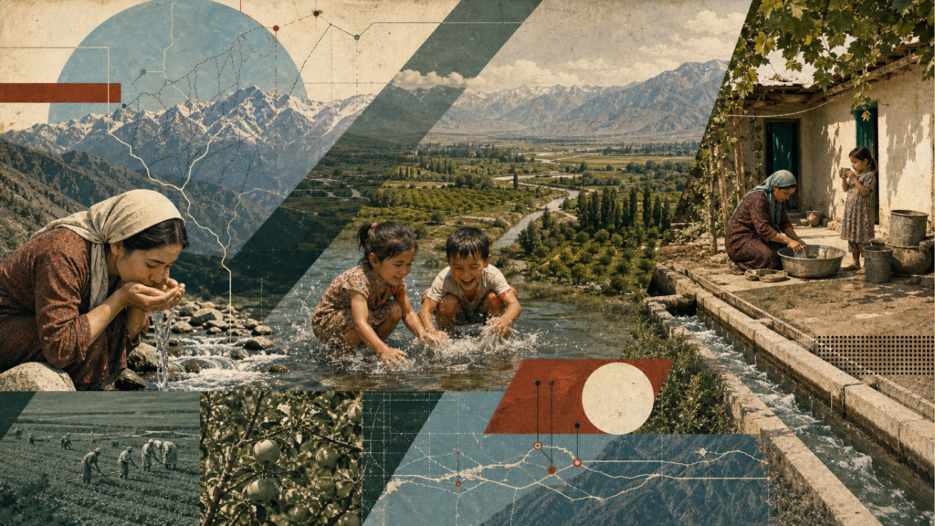 Women and children by the water in the Fergana Valley, with an irrigation canal, cultivated fields and a mountain landscape in the background.