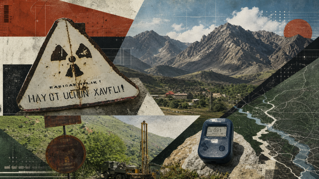 Radiation warning sign, mountain landscape, river and radiation detector in the Mailuu-Suu area
